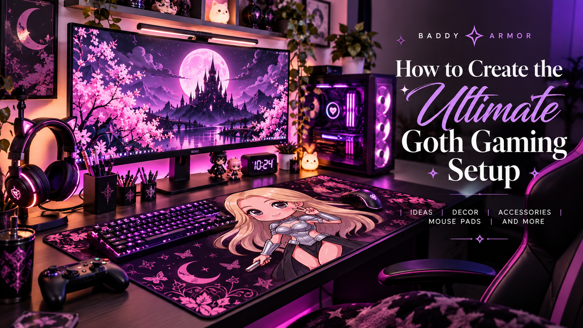 Goth gaming setup with a pink and purple aesthetic, RGB lighting, anime mouse pad, and gothic gaming accessories.