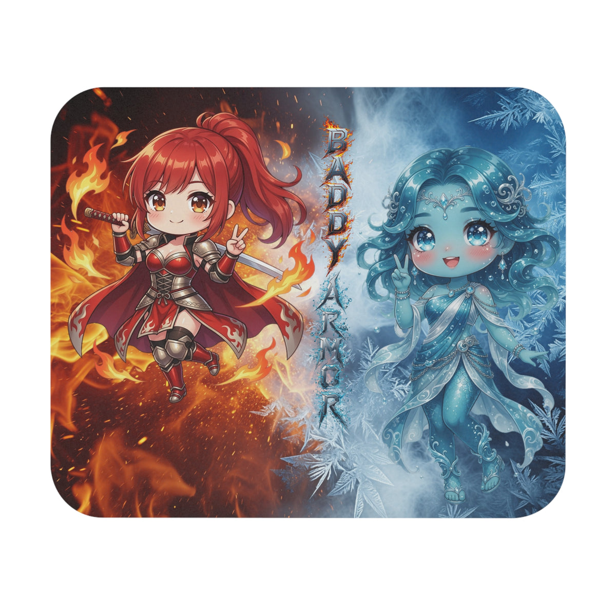 Fire and Ice Chibi Gaming Mouse Pad | Fantasy Element Desk Mat | Baddy Armor