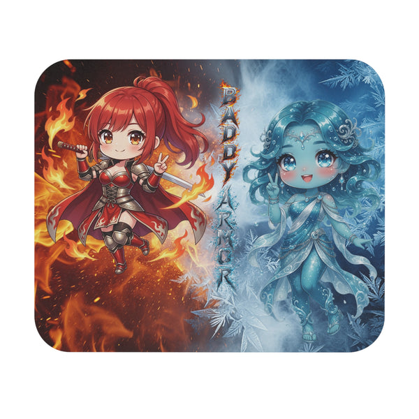 Fire and Ice Chibi Gaming Mouse Pad | Fantasy Element Desk Mat | Baddy Armor