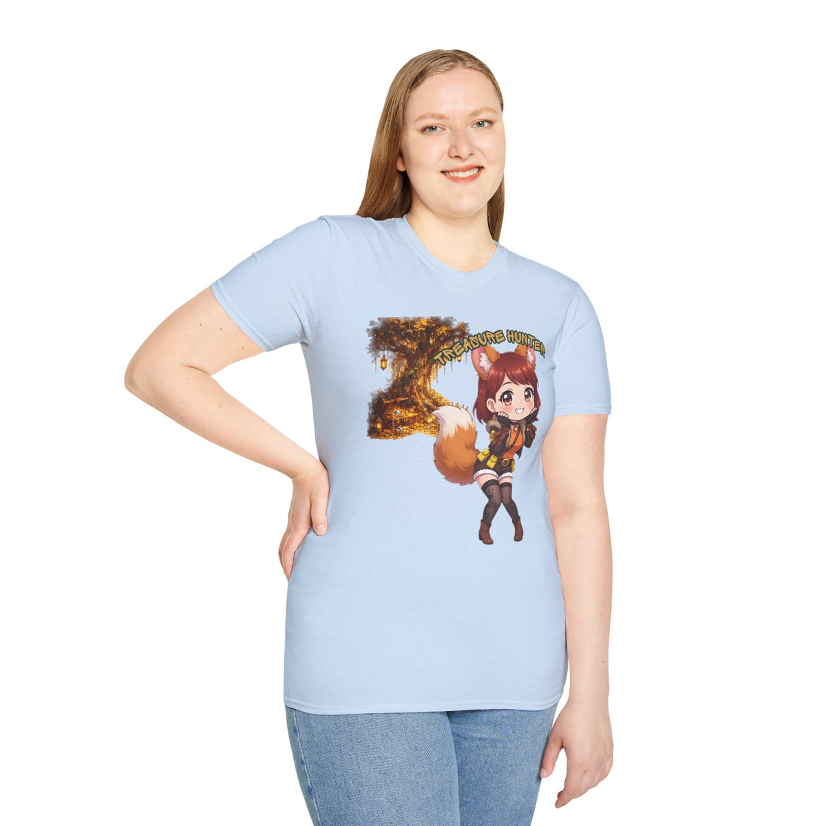Treasure Hunter Fantasy Anime T-Shirt | Cute Fox Girl Adventure Graphic Tee | Baddy Armor