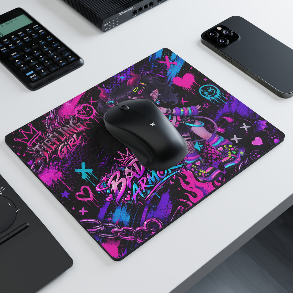 Neon Punk Tiefling Girl Gaming Desk Mat | Baddy Armor