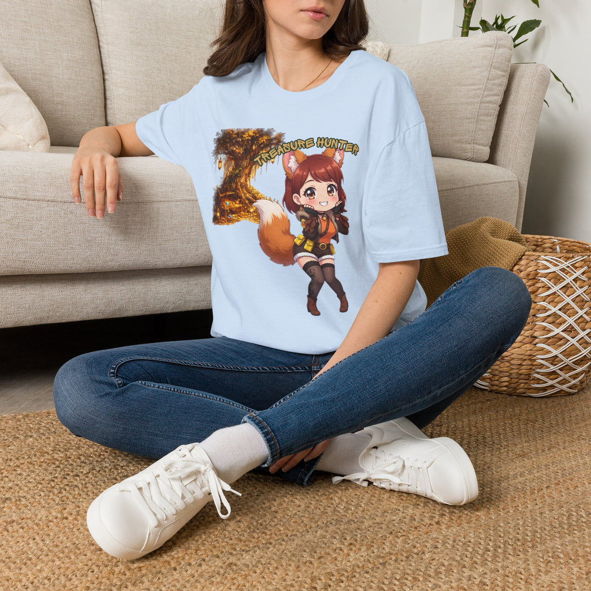 Treasure Hunter Fantasy Anime T-Shirt | Cute Fox Girl Adventure Graphic Tee | Baddy Armor