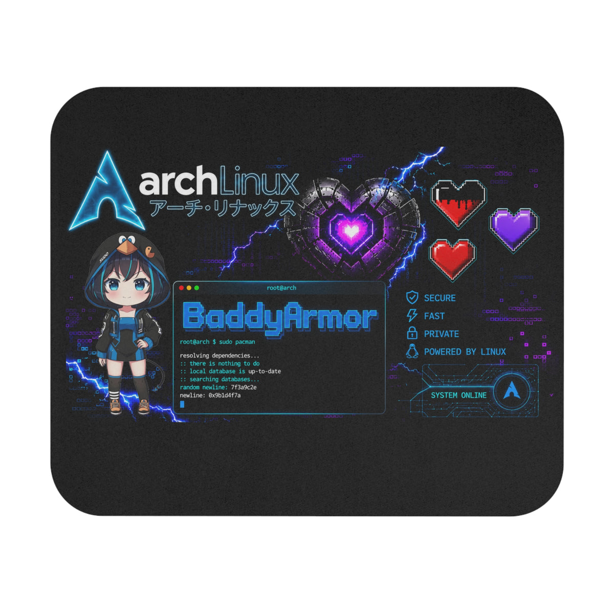 Arch Linux Gaming Mouse Pad | Neon Chibi Design | Baddy Armor
