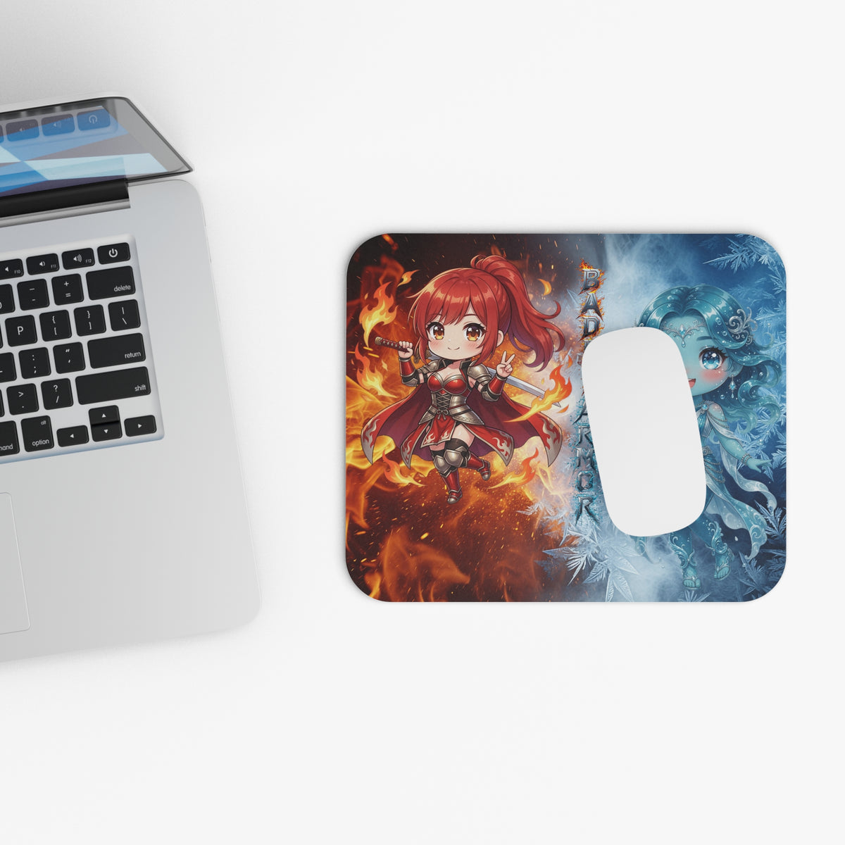 Fire and Ice Chibi Gaming Mouse Pad | Fantasy Element Desk Mat | Baddy Armor