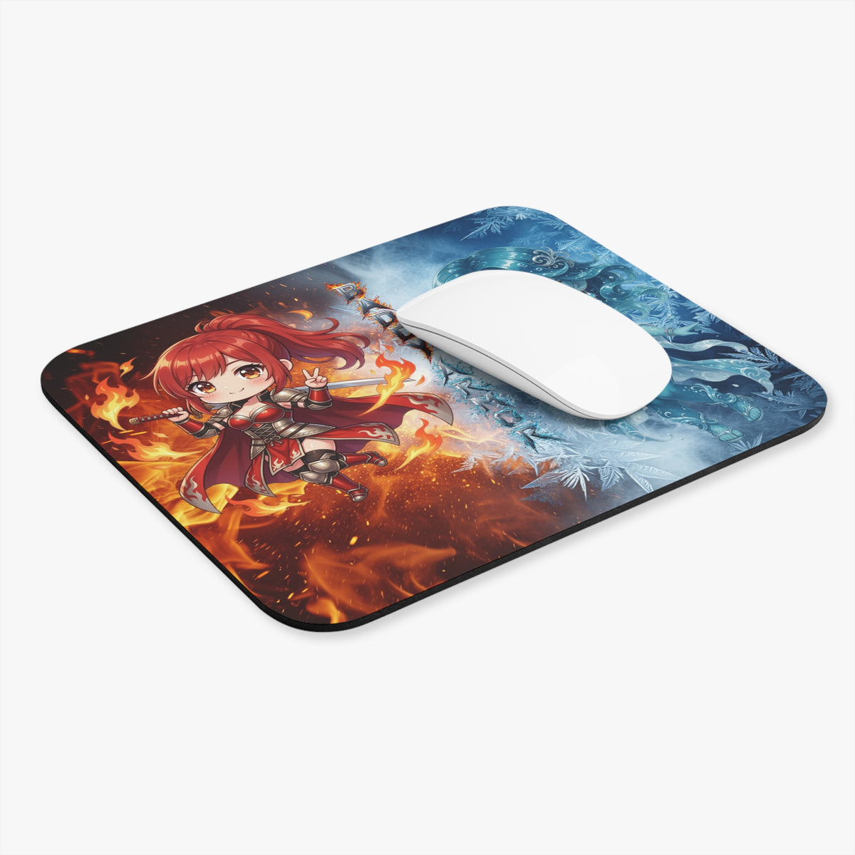 Fire and Ice Chibi Gaming Mouse Pad | Fantasy Element Desk Mat | Baddy Armor