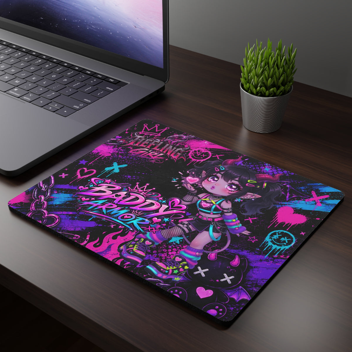 Neon Punk Tiefling Girl Gaming Desk Mat | Baddy Armor