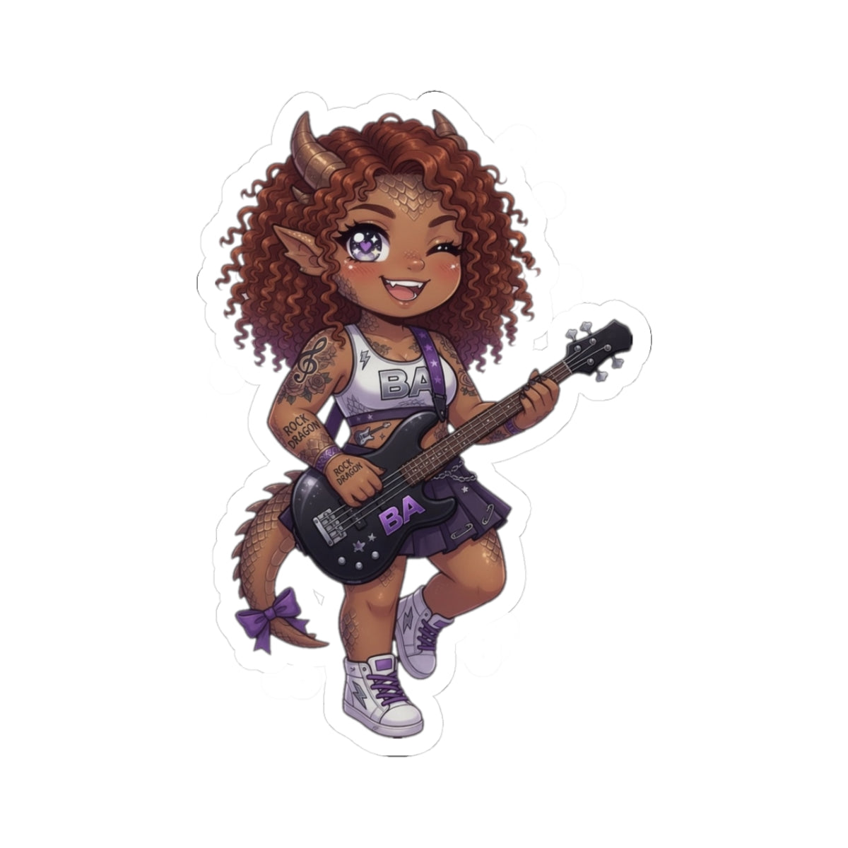 Rock Demon Girl Kiss-Cut Sticker — Cute Guitarist Chibi Decal