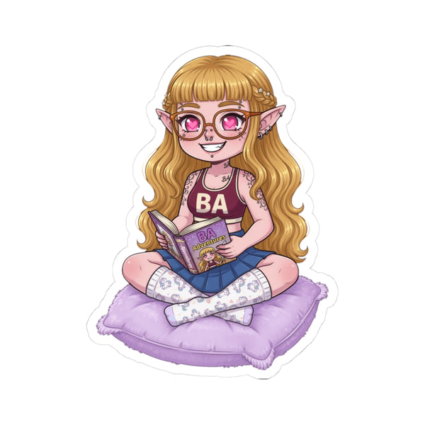 Cozy Bookish Elf Sticker – Cute Reading Girl Kiss-Cut Sticker | Baddy Armor