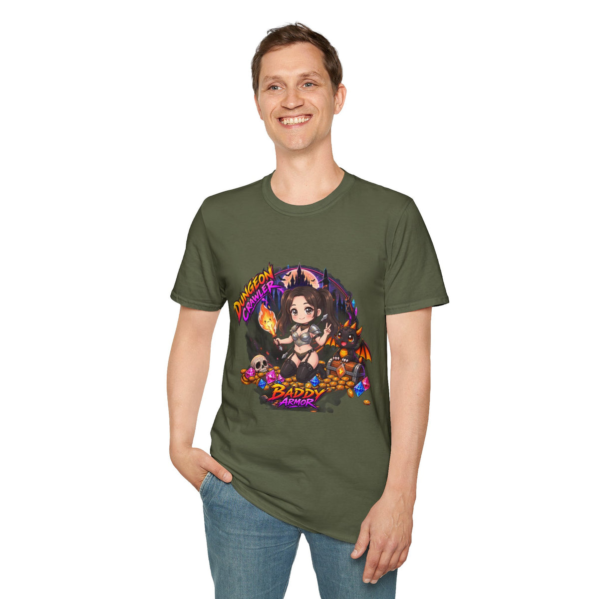 Dungeon Crawler Cute RPG Graphic Tee — "Baddy Slayer" Chibi Gamer Shirt