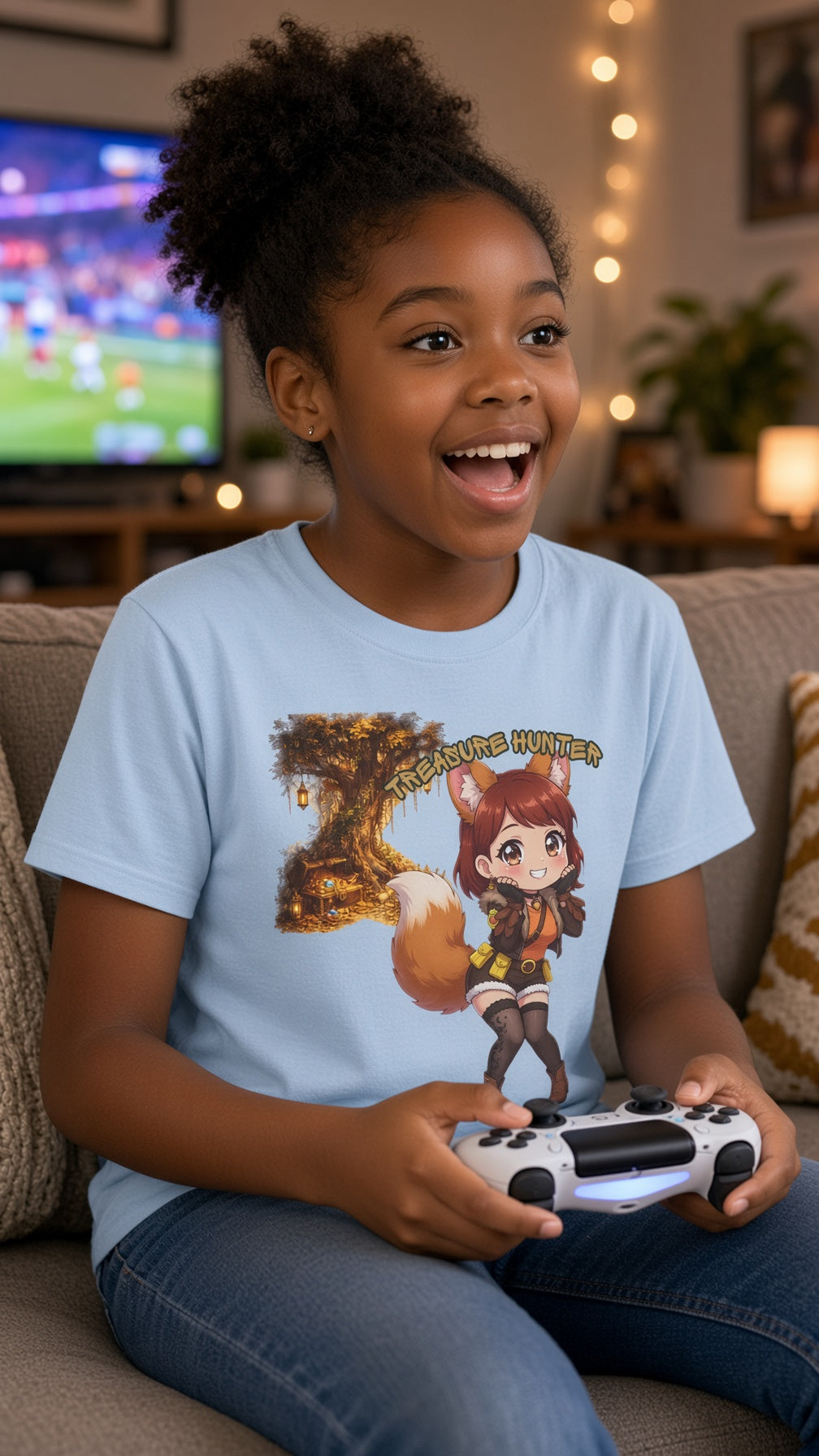 Treasure Hunter Fantasy Anime T-Shirt | Cute Fox Girl Adventure Graphic Tee | Baddy Armor
