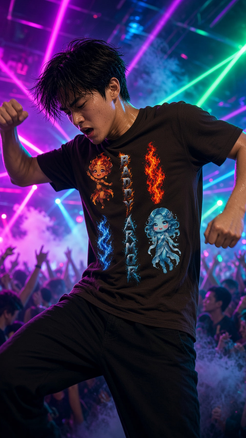 Fire & Water Elemental Fantasy Anime T-Shirt | Chibi Elemental Graphic Tee | Baddy Armor