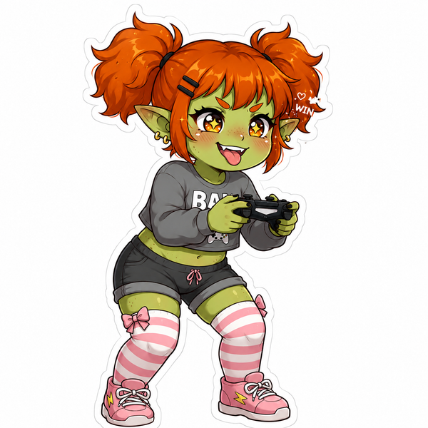 Cute Gamer Goblin Sticker – Anime Chibi Kiss-Cut Sticker | Baddy Armor